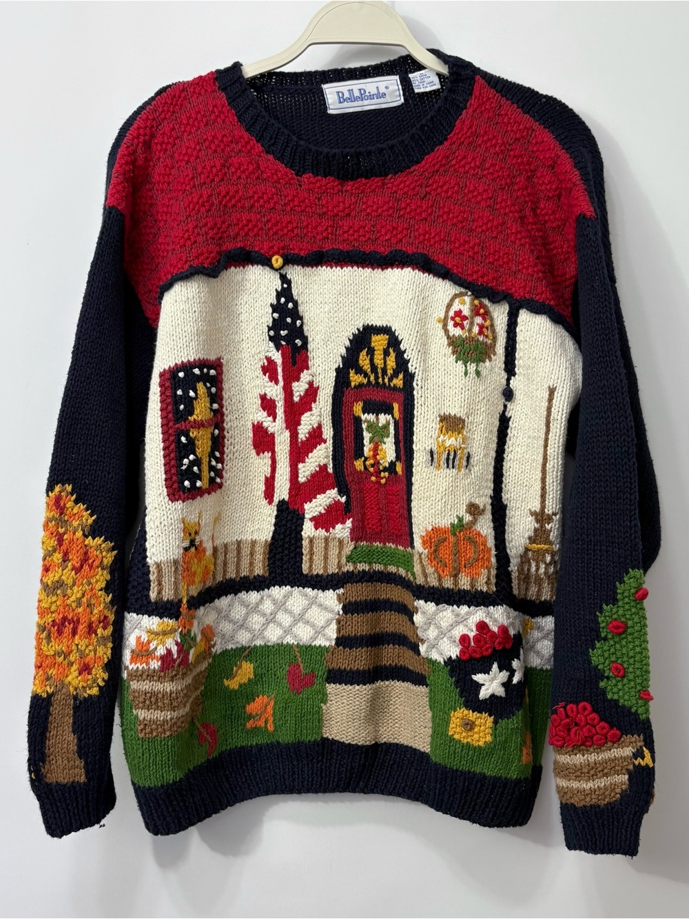 VTG Bellepointe‎ Crochet Knit Cabin Fall Orange Cat Apple Tree Print Size Medium